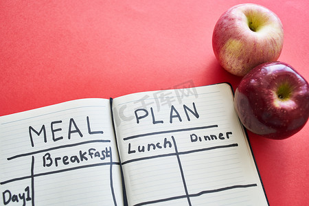 饮食计划摄影照片_有营养计划水果饮食健身健康的笔记本