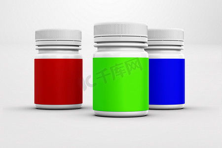 带有空白标签的医疗容器在彩色背景上隔离。适合您在医疗 .3d 渲染上的元素设计。