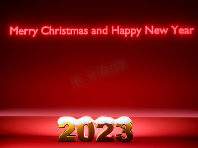 新年快乐3摄影照片_新年快乐 2023。红色背景上的金色数字 2023 与雪.3D 渲染。