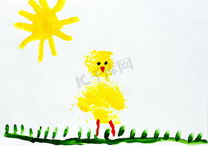 草地图片手绘摄影照片_阳光下草地上鸡的孩子制作的插图