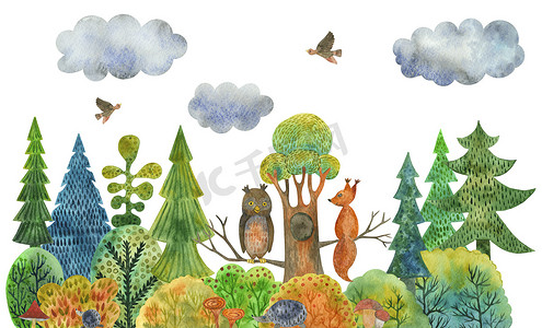 水彩插图松鼠和猫头鹰坐在色彩缤纷的森林里的树枝上，森林里有蘑菇和刺猬