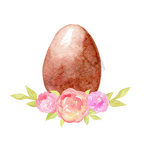 复活节彩蛋水彩摄影照片_水彩手绘棕色复活节彩蛋，装饰着粉红色的花朵和叶子，隔离在白色背景上。
