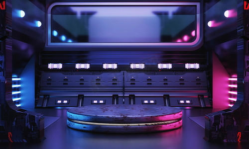 Cyber​​punk 科幻产品讲台展示在空荡荡的宇宙飞船房间里，背景是蓝色和粉色。
