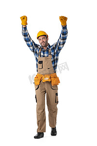 提高服务摄影照片_快乐的建筑工人举起双臂