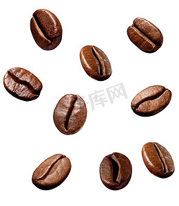 咖啡豆跌落摄影照片_咖啡豆棕色烤咖啡因浓咖啡种子