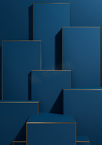 深色、水蓝色 3D 渲染简单、最小、几何背景产品展示基座金色线条用于奢侈品产品广告壁纸模板