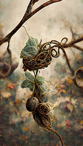 草药绘图摄影照片_干种子与藤蔓的数字艺术，3D 插图