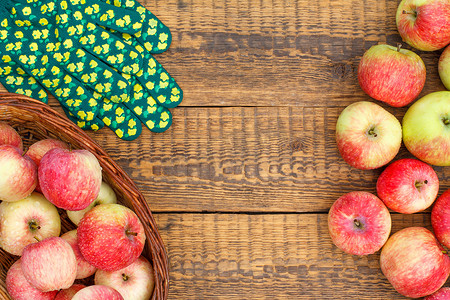 柳条篮中和带花园的旧木板上的红苹果