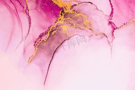 纸上大理石液体水墨艺术画的粉红金抽象背景。