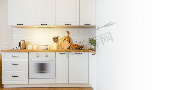 海报配有现代化、设备齐全的白色厨房和复制粘贴设计空间