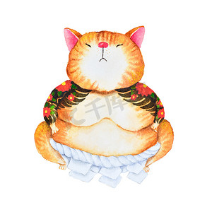 水彩画可爱的猫卡通艺术设计的日本黑帮在白色背景。