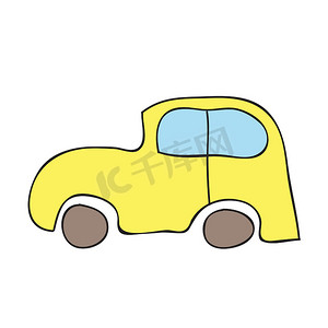 手绘汽车汽车摄影照片_可爱的黄色汽车隔离在白色背景上。