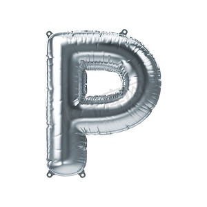 派对装饰摄影照片_银色充气铝箔气球字母 P 派对装饰元素的 3D 渲染