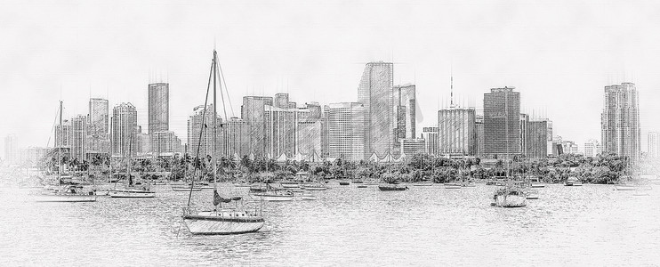 迈阿密的天际线有游艇、船只和摩天大楼，手绘风格的铅笔素描