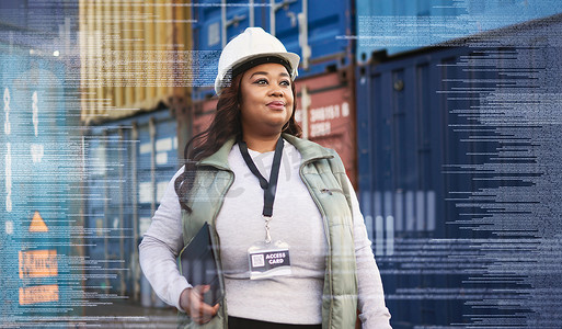 园区供应链摄影照片_物流、覆盖和黑人女性在港口集装箱检查运输供应链中的领导地位。
