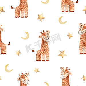 水彩长颈鹿和星星无缝图案在白色背景上用于织物、纺织品、婴儿送礼会、苗圃印刷、剪贴簿