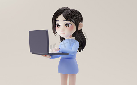 小女孩使用卡通风格的笔记本电脑，3D 渲染。