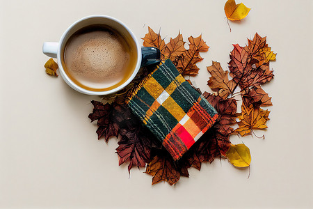 顶部花纹摄影照片_秋天的作文 一杯咖啡、格子花呢、干叶