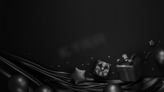 黑色星期五销售横幅概念设计的礼品盒和黑色背景 3D 渲染气球