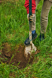 穿着橡胶靴的无法辨认的女人在花园里挖一个大着陆孔幼树