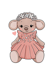 老鼠手绘摄影照片_可爱的小老鼠，穿着粉红色的裙子，鲜花