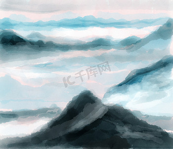 水彩插图、遥远的山峰和雾蒙蒙的山丘背景蓝色单调。