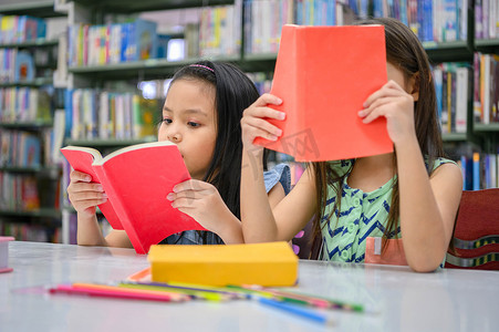 两个可爱的小女孩多民族朋友一起在学校图书馆读书。