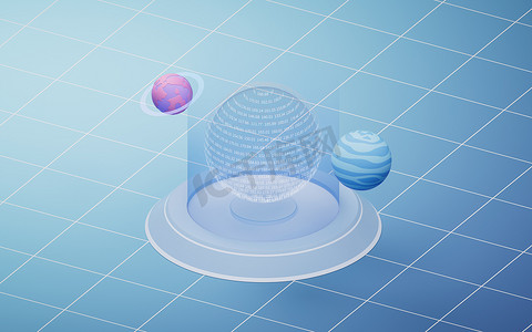 带行星的透明数据球，3d 渲染。