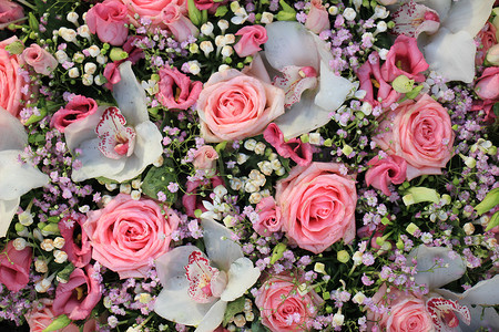 花卉婚礼装饰中的粉色和白色玫瑰和兰花