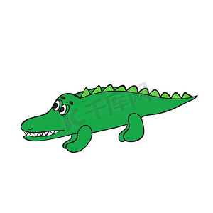 可爱友好的绿色鳄鱼，尾巴抬起。