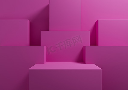 明亮的洋红色，霓虹粉色 3D 渲染简单，产品展示台的最小背景，代表展示几何背景模型模板墙纸美容化妆品