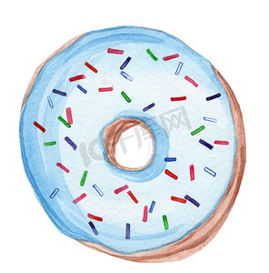 水彩手绘蓝色圆形釉面洒甜甜圈隔离在白色背景