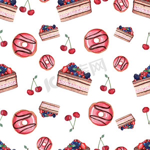 白色背景上的水彩红色蛋糕和甜甜圈无缝图案，用于织物、纺织品、包装、剪贴簿、咖啡厅菜单设计