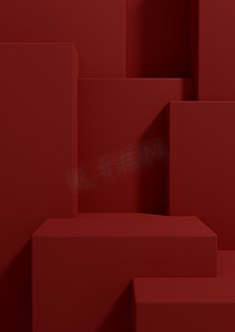 几何毛玻璃摄影照片_明亮的栗色、深红色 3D 渲染产品展示壁纸，带讲台或在简单、最小、抽象、几何产品摄影背景上站在一两个奢侈品的前面