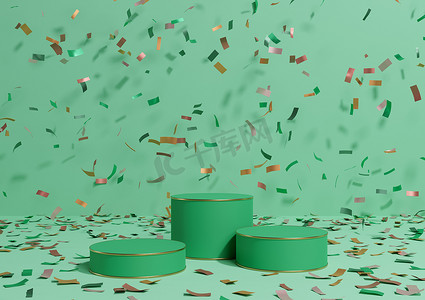 明亮的绿松石绿色 3D 渲染产品展示三个讲台，配有色彩缤纷的五彩纸屑庆祝周年广告和奢华产品的金色线条，简单、最小的背景
