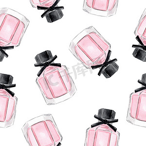 水彩手绘粉色香水瓶，白色背景上有黑色蝴蝶结无缝图案，用于织物、纺织品、剪贴簿、包装纸、邀请函
