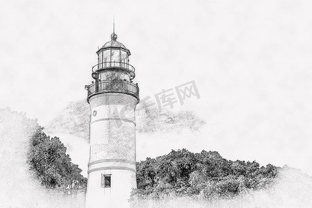手绘旅游摄影照片_美国佛罗里达州基韦斯特灯塔，手绘风格铅笔素描