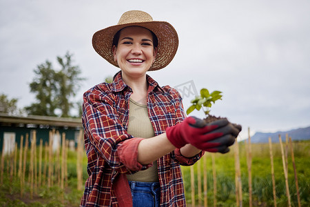 女农民在农业和农业产业中持有植物、土壤或绿叶，进行农场、增长和可持续发展。