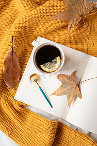 温暖的毛衣、白书、一杯热茶和秋叶的舒适组合，顶视图