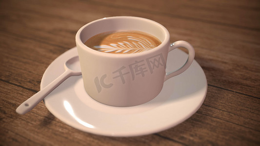 木桌上的咖啡 3d 渲染