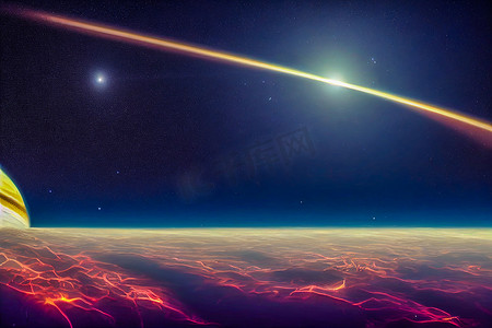 漆黑的夜晚空间景观，地平线上半亮的木星和围绕其旋转的小行星