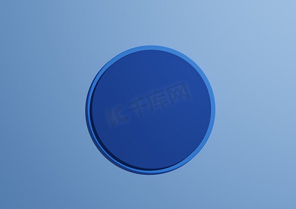 深蓝色圆形讲台或站立顶视图平躺产品的 3D 插图显示最小、简单的浅色、柔和的蓝色背景，带有文本复制空间