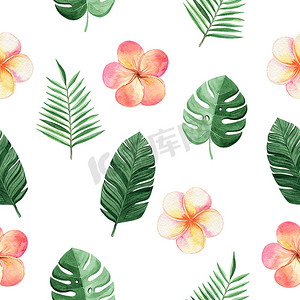 水彩热带花卉和棕榈叶无缝图案，白色背景上有鸡蛋花和龟背竹植物，用于织物、纺织品、品牌、邀请函、剪贴簿、包装