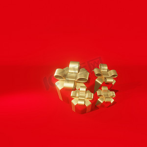 礼品红摄影照片_逼真的 3D 礼品红盒和红色背景上的金弓。