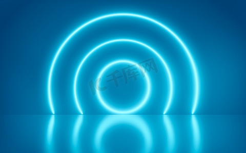 极简蓝色线条摄影照片_霓虹灯圆抽象背景，蓝色光谱鲜艳的色彩，发光的线条。