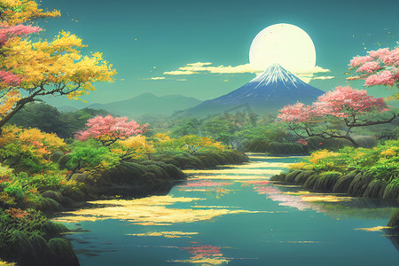 仙动漫图摄影照片_日本动漫风景壁纸，背景为美丽的粉红色樱花树和富士山
