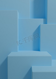 蓝色几何极简摄影照片_明亮、浅天蓝色 3D 渲染产品展示壁纸与讲台或站在简单、最小、抽象、几何产品摄影背景上的一到两个奢侈品