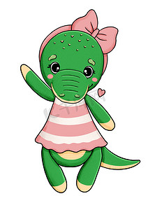 蝴蝶结手绘摄影照片_可爱的小鳄鱼，穿着带蝴蝶结的粉色连衣裙