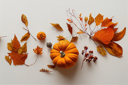 秋季组合物 干叶、南瓜、花、罗文浆果