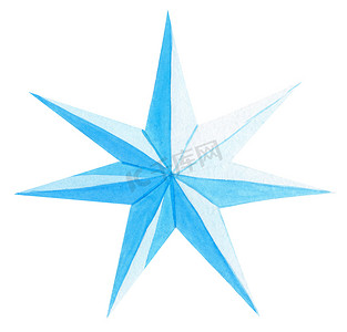 五彩元素摄影照片_水彩蓝色七角星孤立在白色背景上。